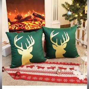 NWT [unopened] Two Pillow Covers - Green with Metallic Gold Deer
